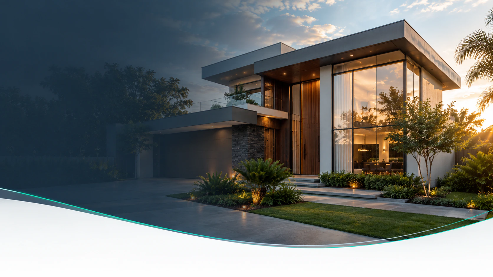 Casa moderna iluminada ao entardecer